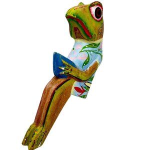 Hand-Carved Indonesian Wood Shelf Frog Decorative Painted Shelf Sitter